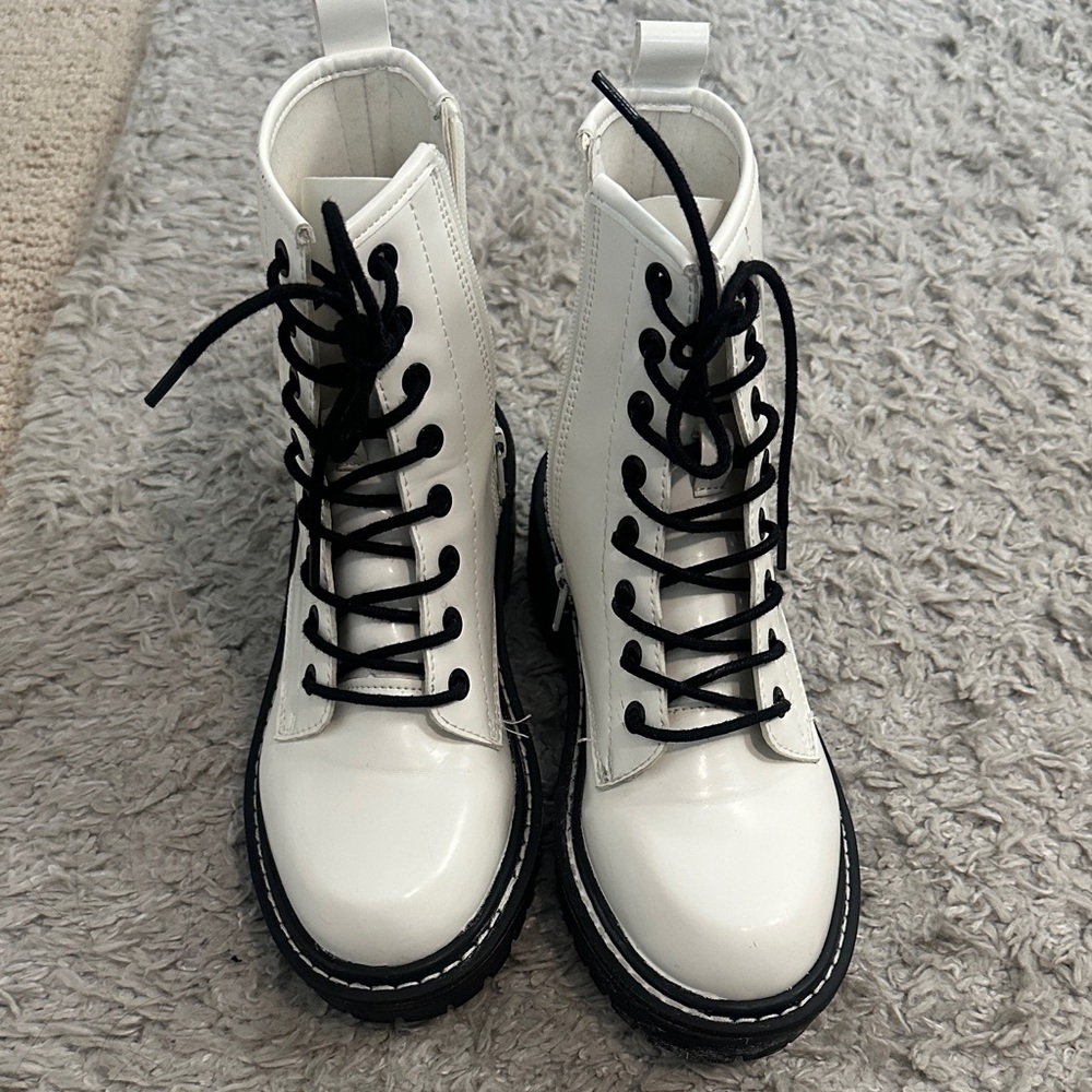 White faux leather chunky ankle combat boots